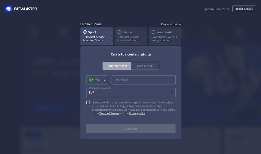 Como se registrar no site Betmaster